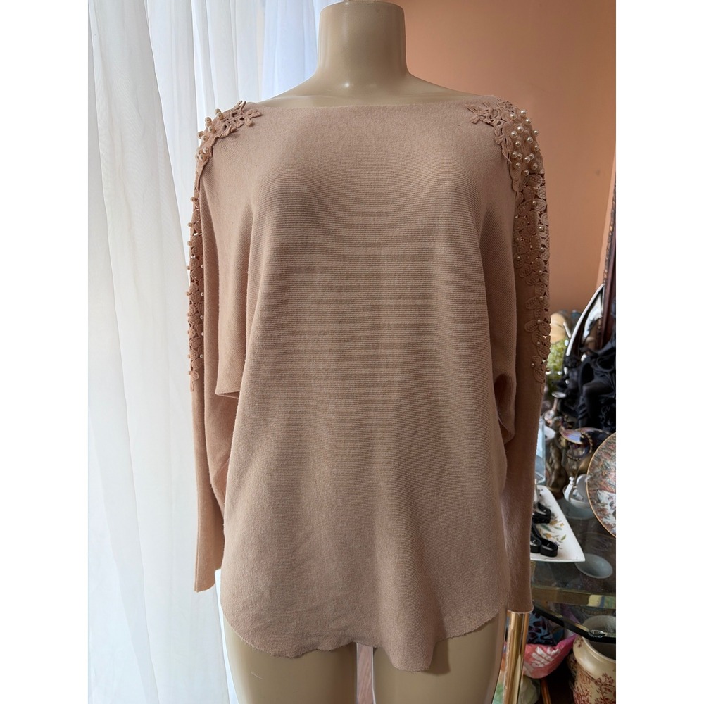 Sirenlily Petite Tan Crochet Lace Pearl Embellished‎ Boat Neck Sweater Top